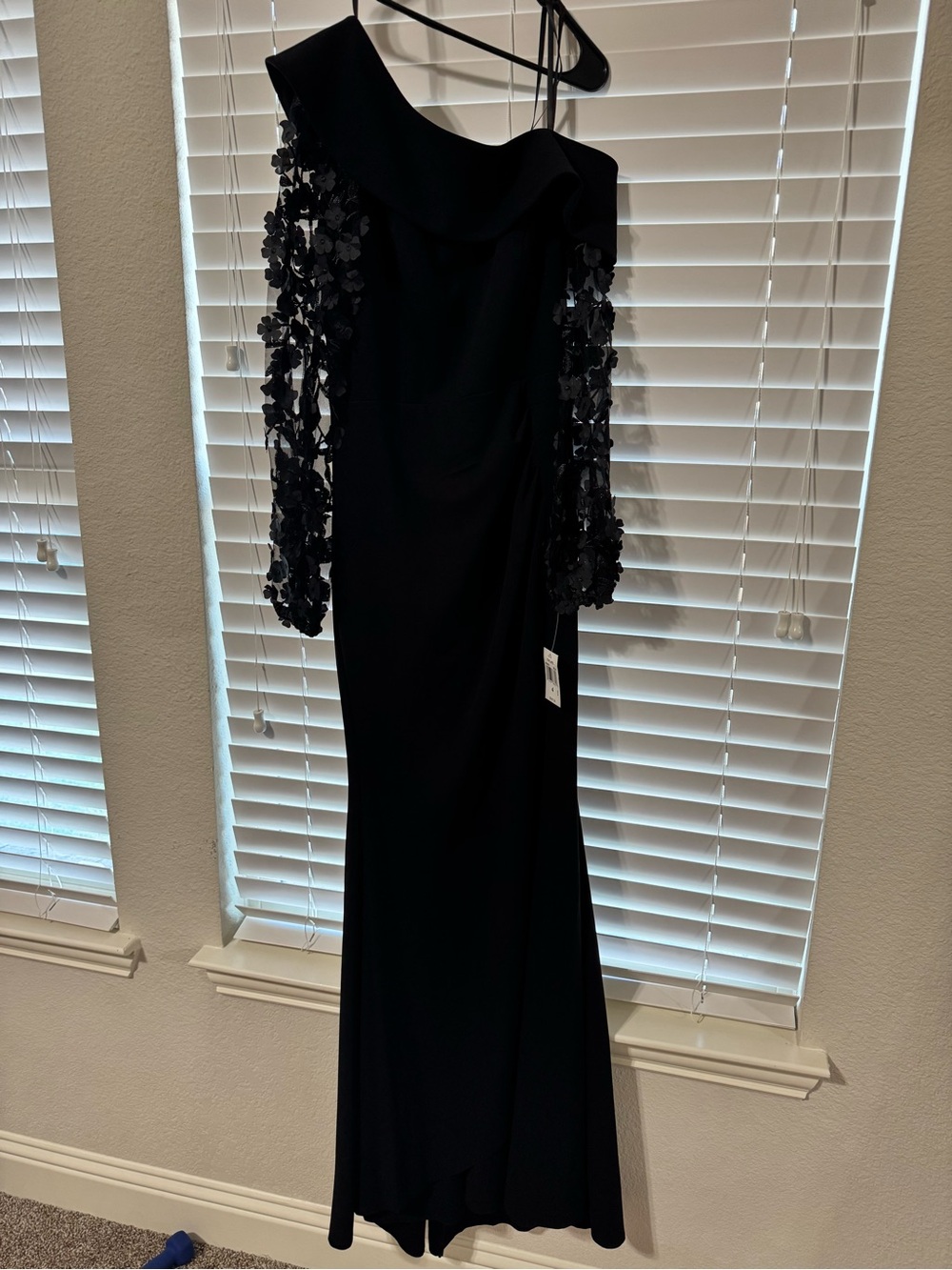 Xscape Black One-Shoulder Evening Gown with Floral Appliqué Sleeves